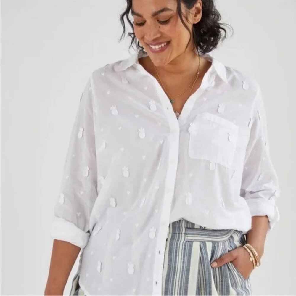 Anthropologie Maeve White Cotton Pineapple Button Down Shirt Size 24W